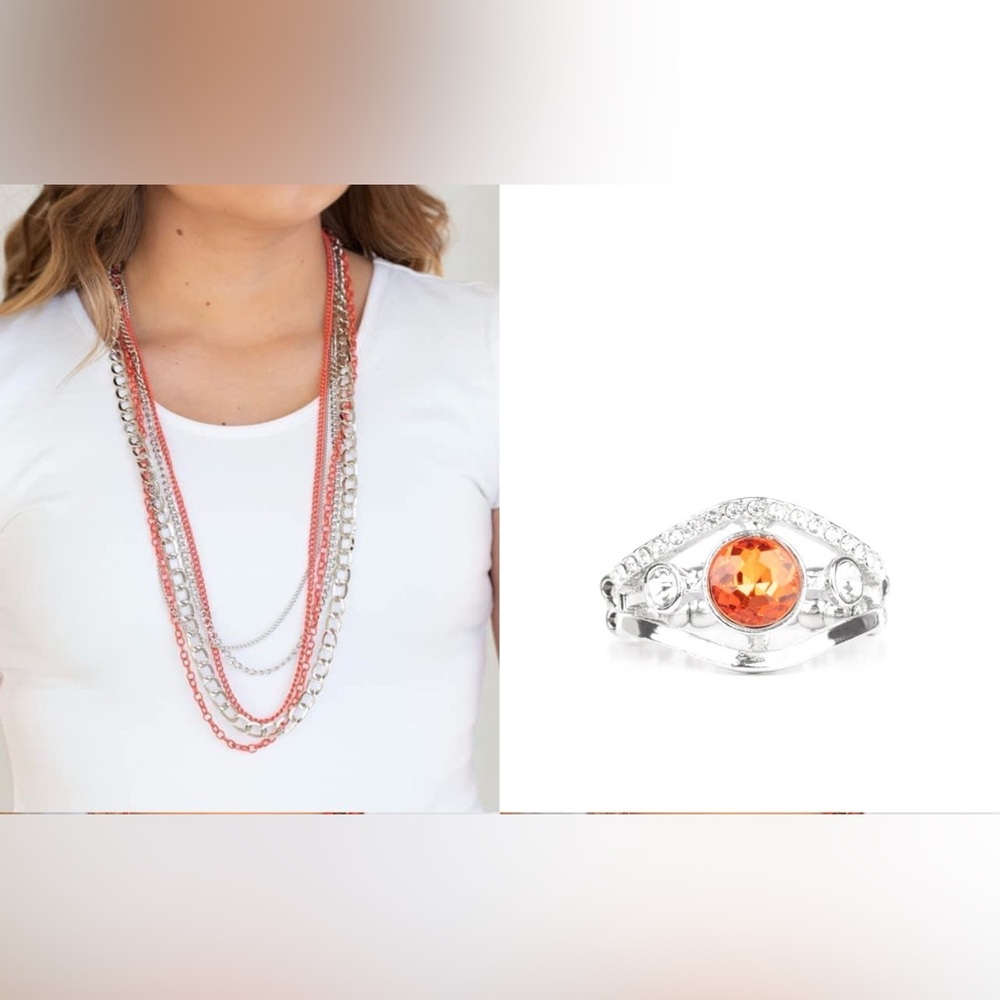 NEW - Paparazzi Silver and Orange Layered Necklace & Ring Set